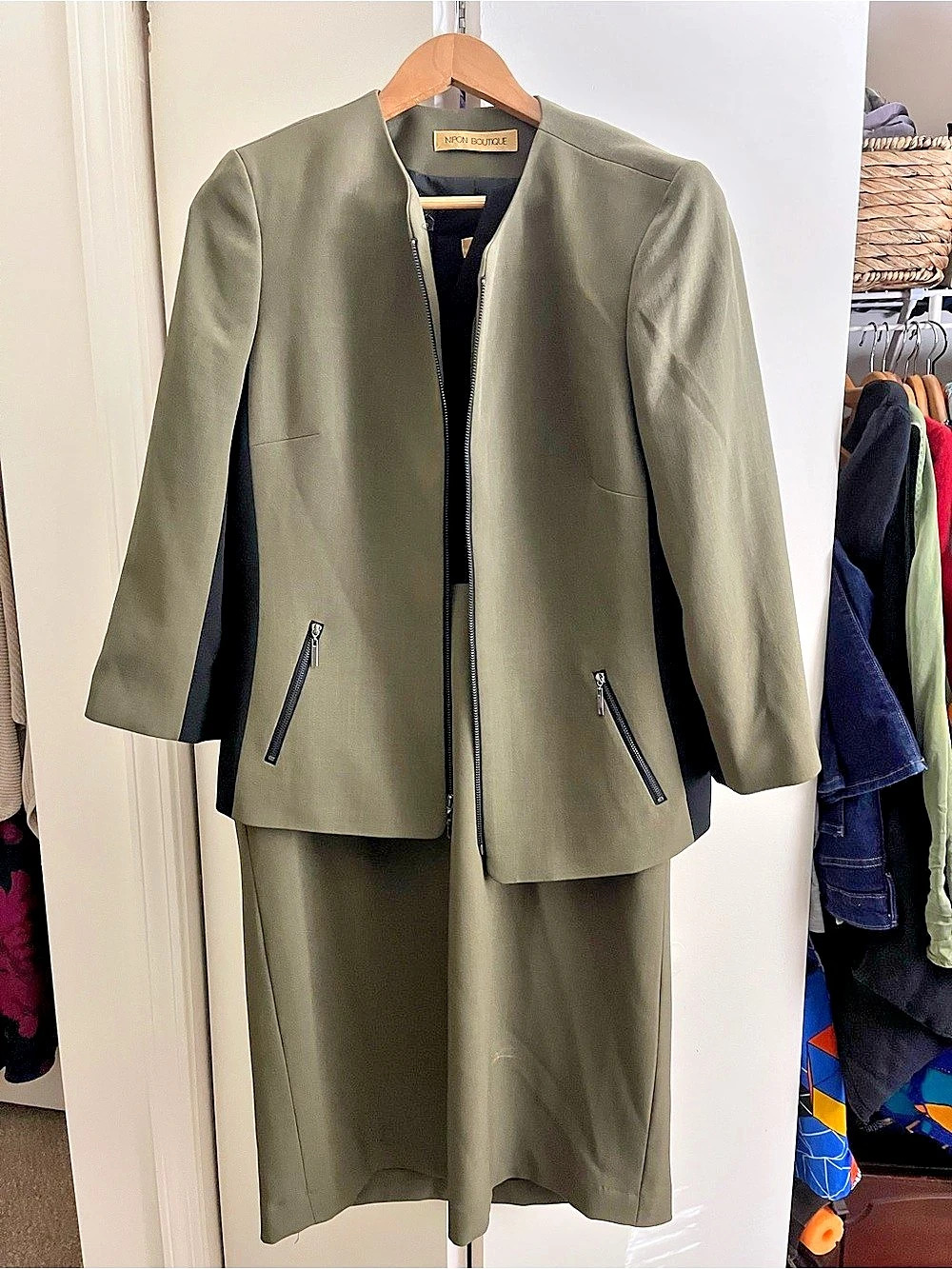 Nipon Boutique Olive & Black Midi Dress Suit Size 14 Like New